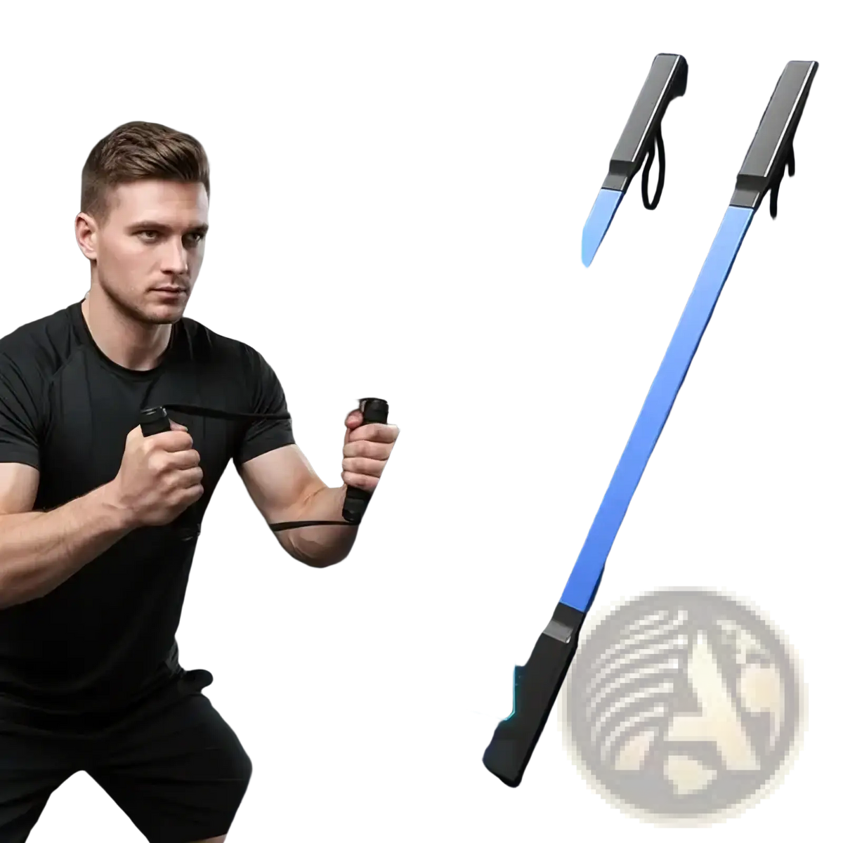 Spring arm exerciser upper body strength training bars in blue and black with ergonomic grips for resistance training