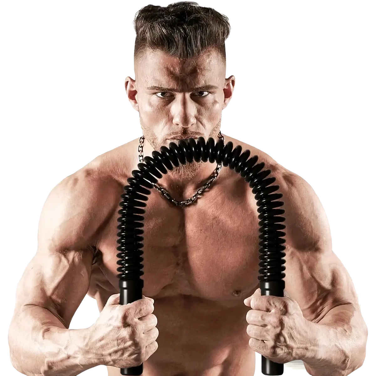 Black bainel spring chest and arm exerciser fitness bar with coiled segmented resistance training design
