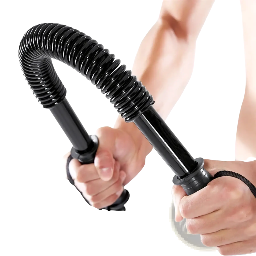 Black flexible spring chest and arm exerciser fitness bar with coiled spring design and textured grip handles