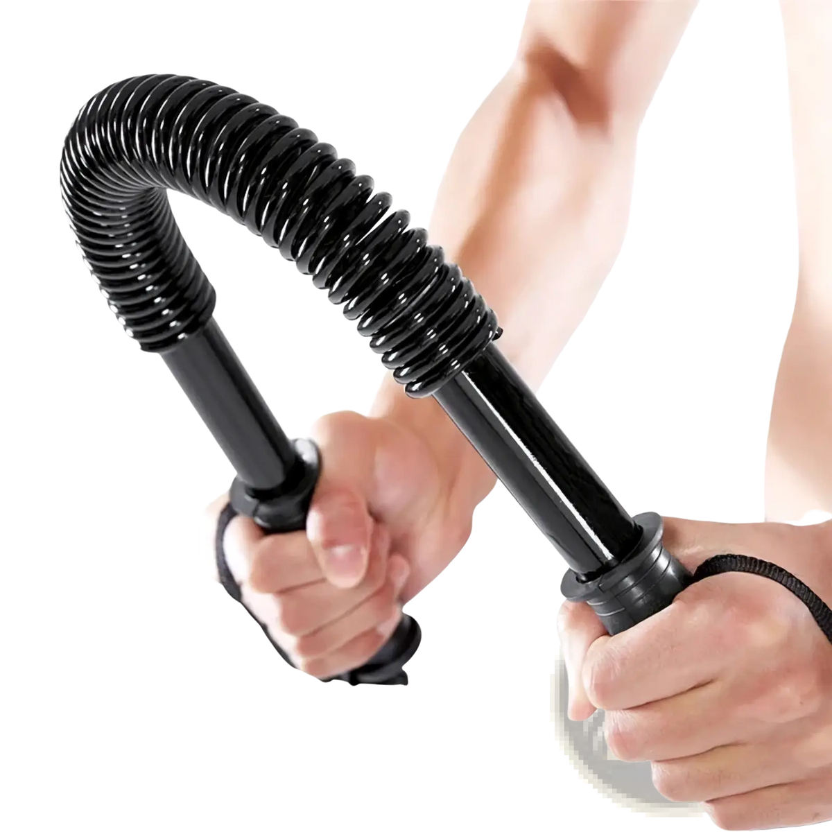 Black flexible spring chest and arm exerciser fitness bar with coiled spring design and textured grip handles