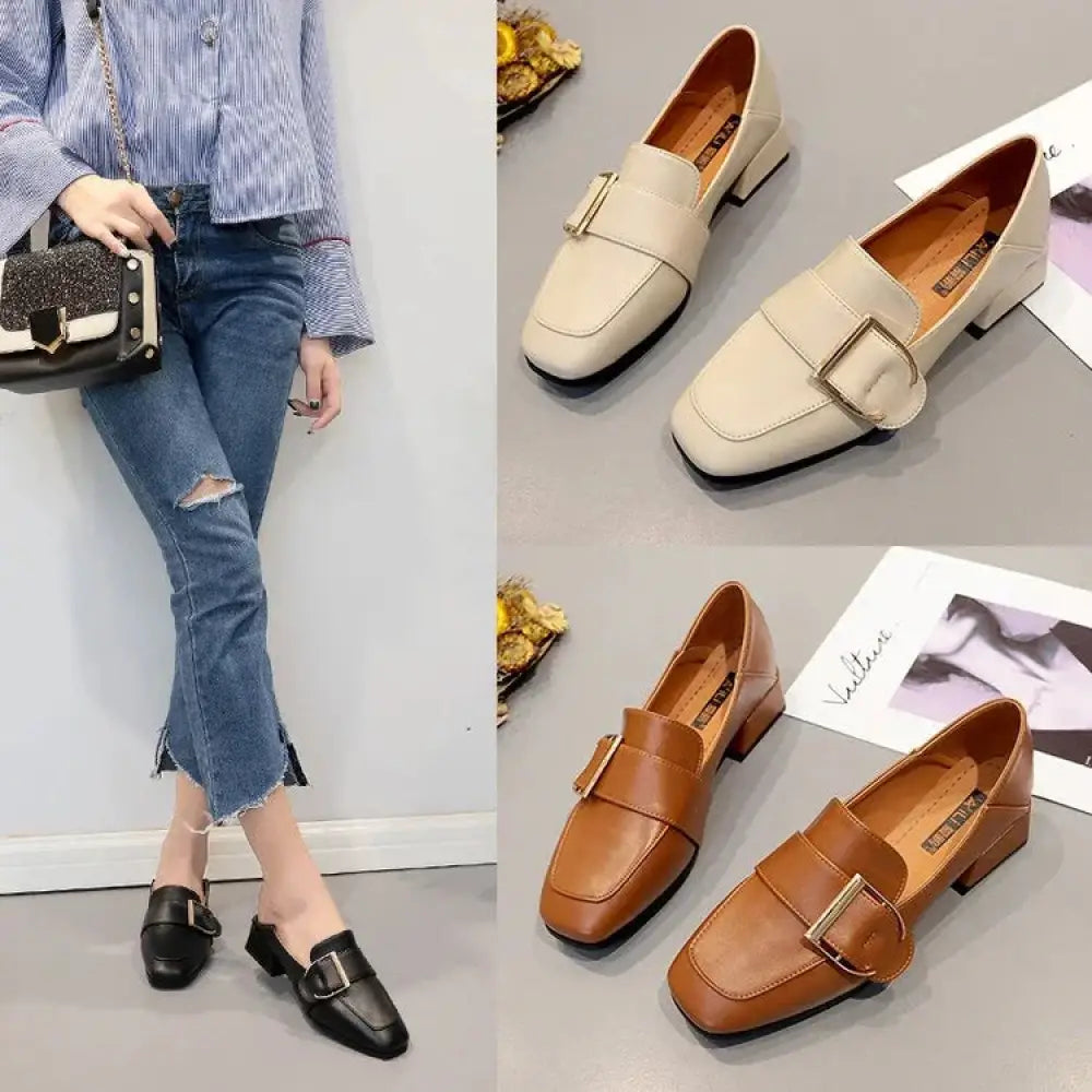 Cream-colored and brown leather square toe buckle loafers with low block heels and prominent rectangular closure