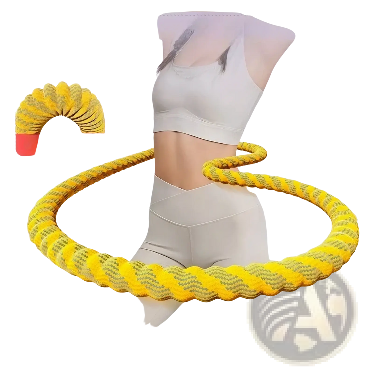 Bright yellow braided rope spring weighted hula hoop with textured woven design for waist workout exercises