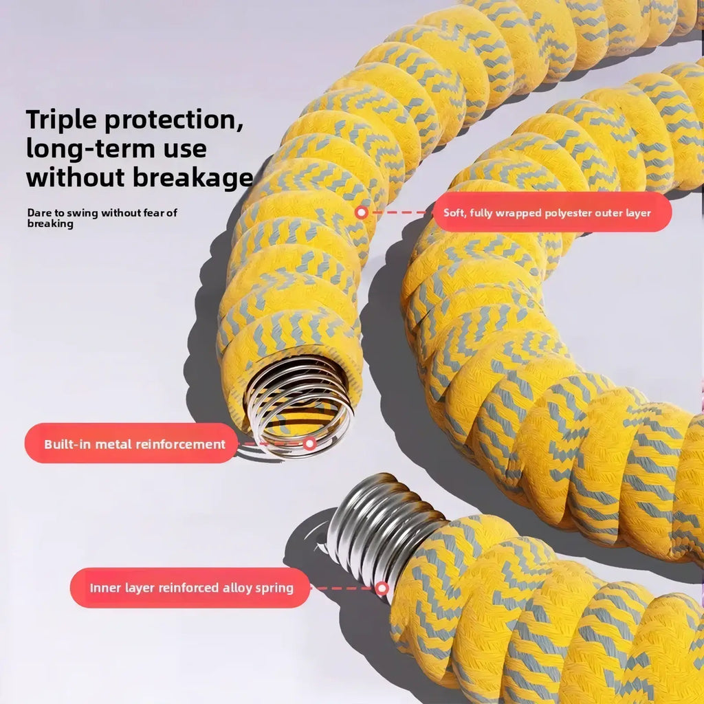 Spring weighted hula hoop with yellow and gray zigzag flexible hose and metal-reinforced inner spring for waist workout