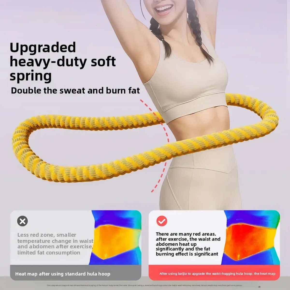Yellow textured spring weighted hula hoop with upgraded heavy-duty soft spring design for waist workout