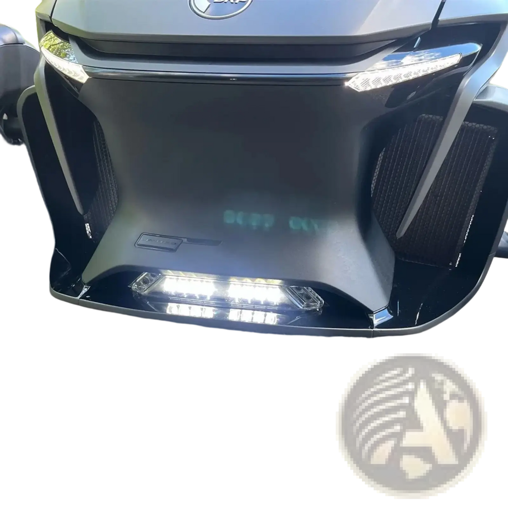 Black matte finish can-am spyder rt led auxiliary driving light 2020-2022 with sleek led lighting accents on front bumper