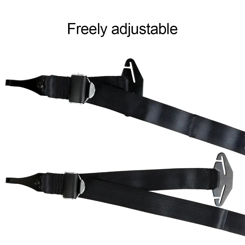 black fabric straps with silver metal buckles and adjustable plastic hooks in a universal isofix car seat belt extender for enhanced safety and compatibility