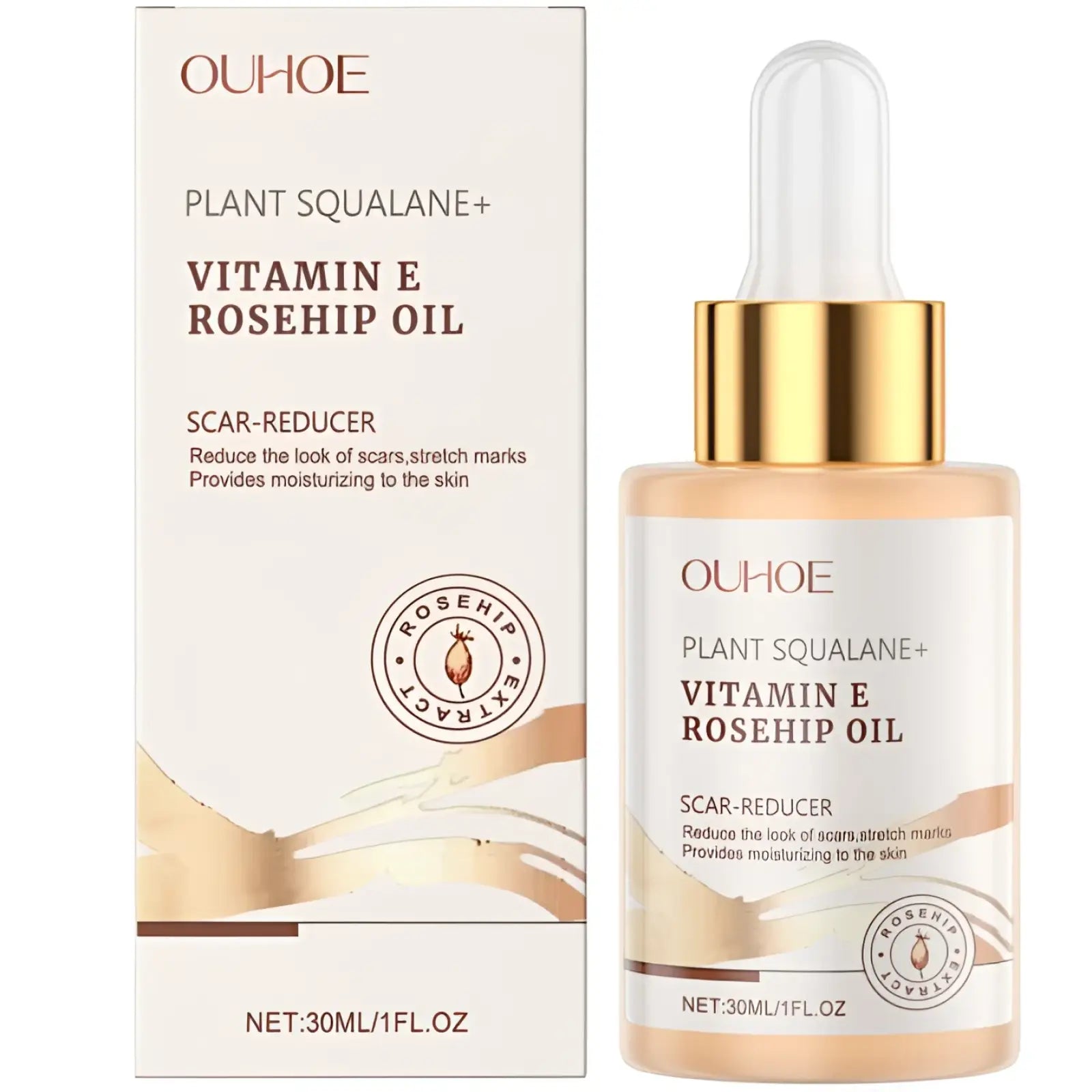 Ouhooe squalane wrinkle reducing skincare oil with vitamin e and rosehip oil in clear glass bottle with gold dropper and cream packaging