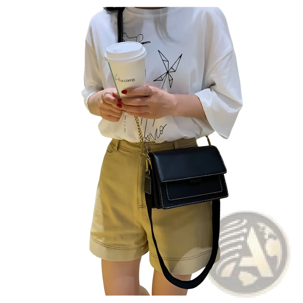 Black leather square crossbody bag with gold tone chain strap and top flap closure in two tone faux leather