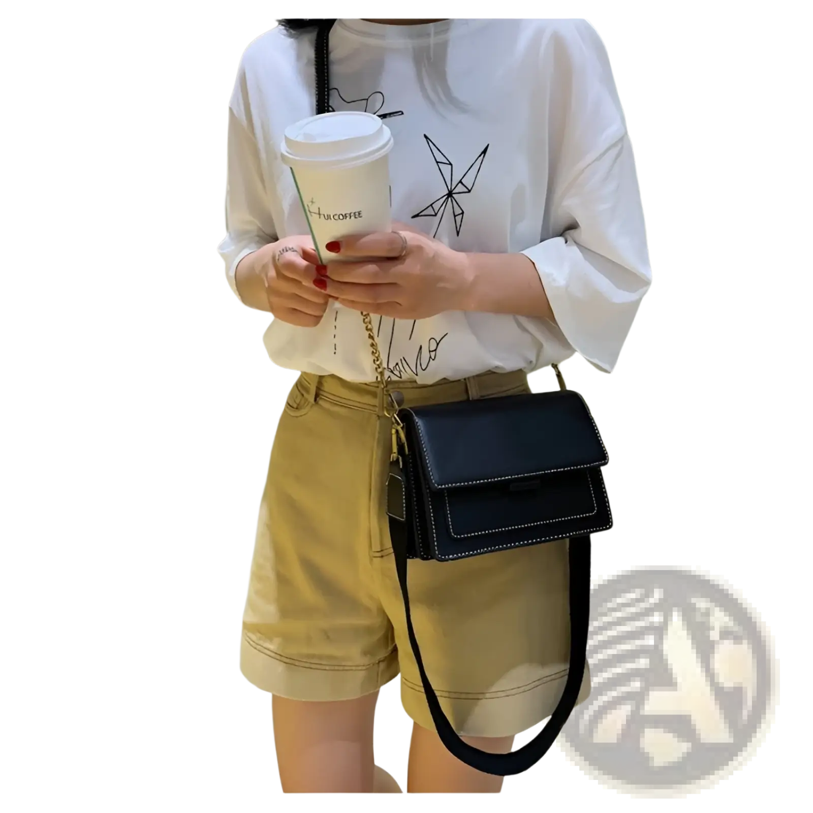 Black leather square crossbody bag with gold tone chain strap and top flap closure in two tone faux leather