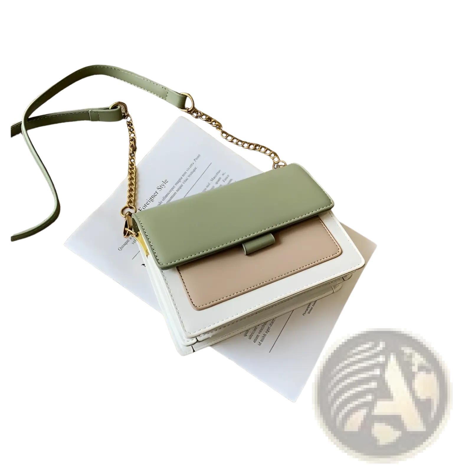 Square crossbody bag in pastel green and beige faux leather with white base and gold chain strap accents