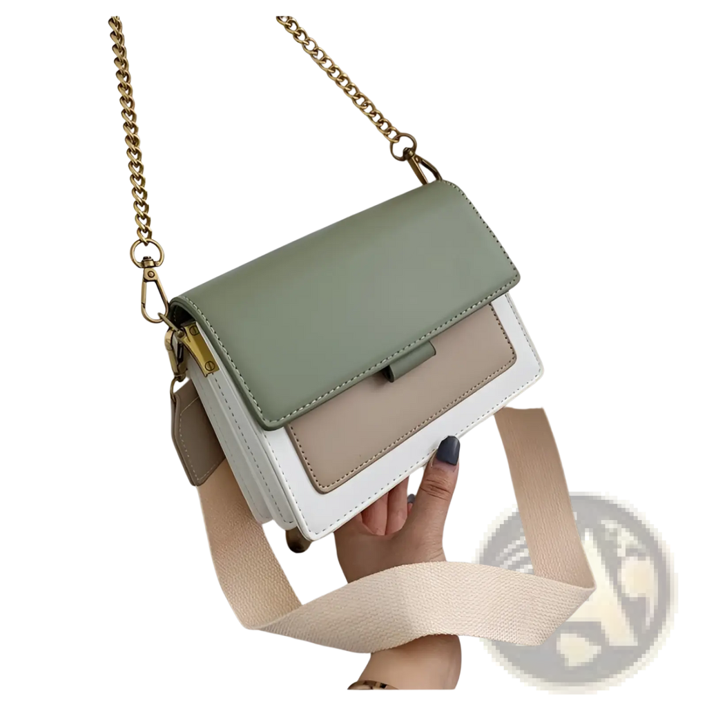 Square crossbody bag in two-tone sage green beige and white faux leather with gold chain and fabric shoulder straps