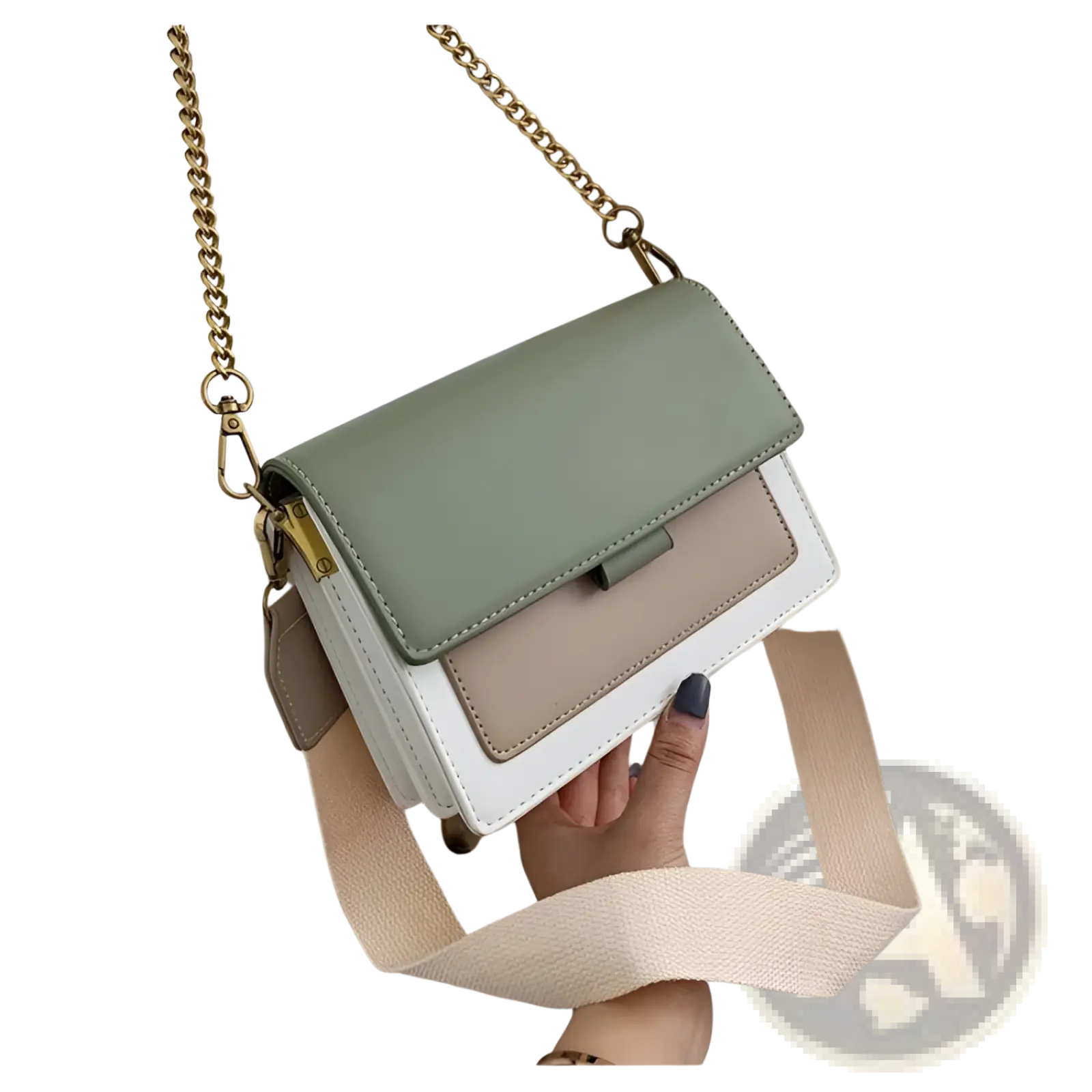 Square crossbody bag in two-tone sage green beige and white faux leather with gold chain and fabric shoulder straps