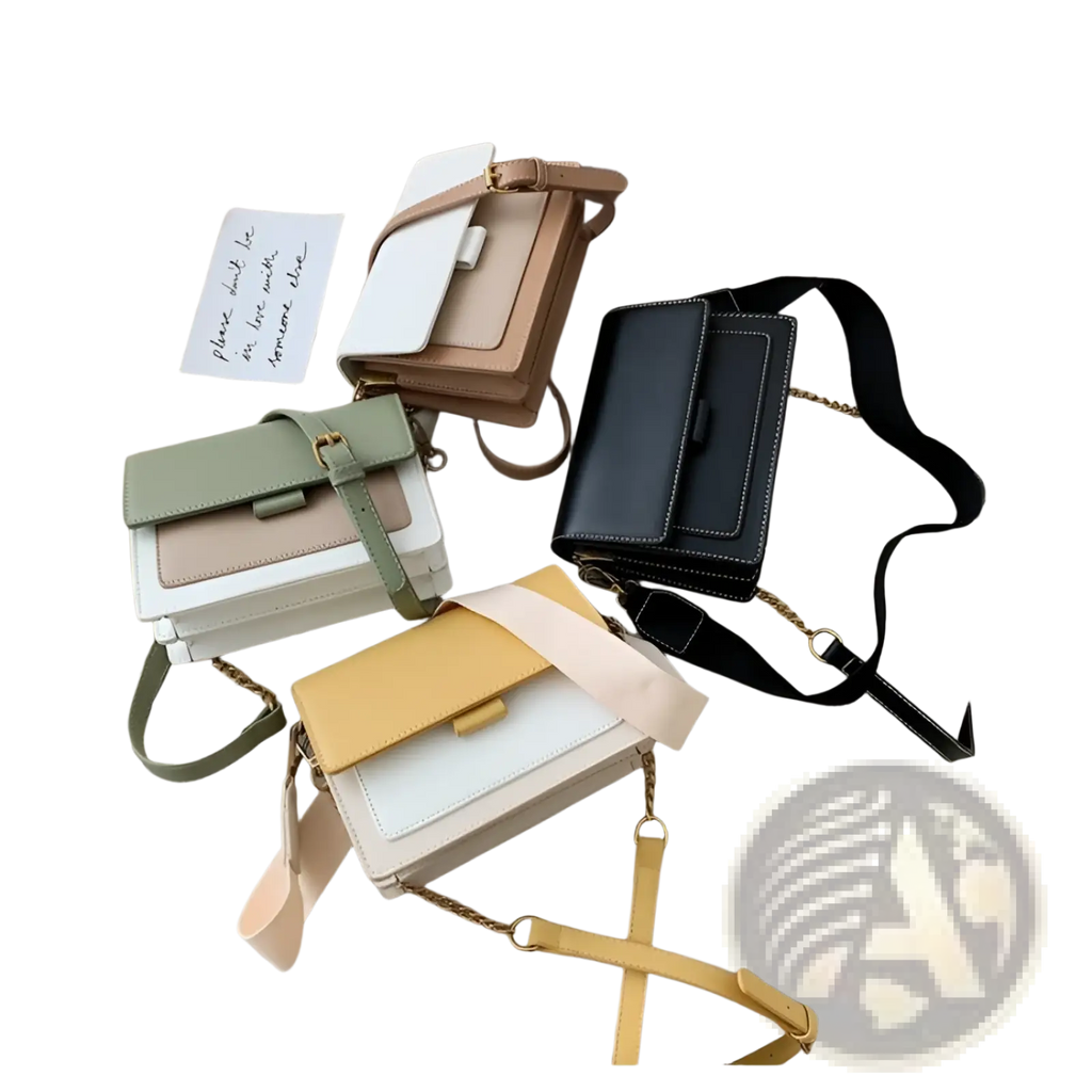A collection of two-tone square crossbody bags in pastel and neutral faux leather with gold chain straps