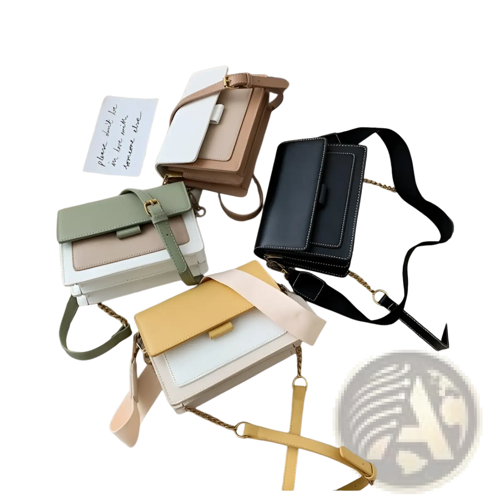 A collection of two-tone square crossbody bags in pastel and neutral faux leather with gold chain straps