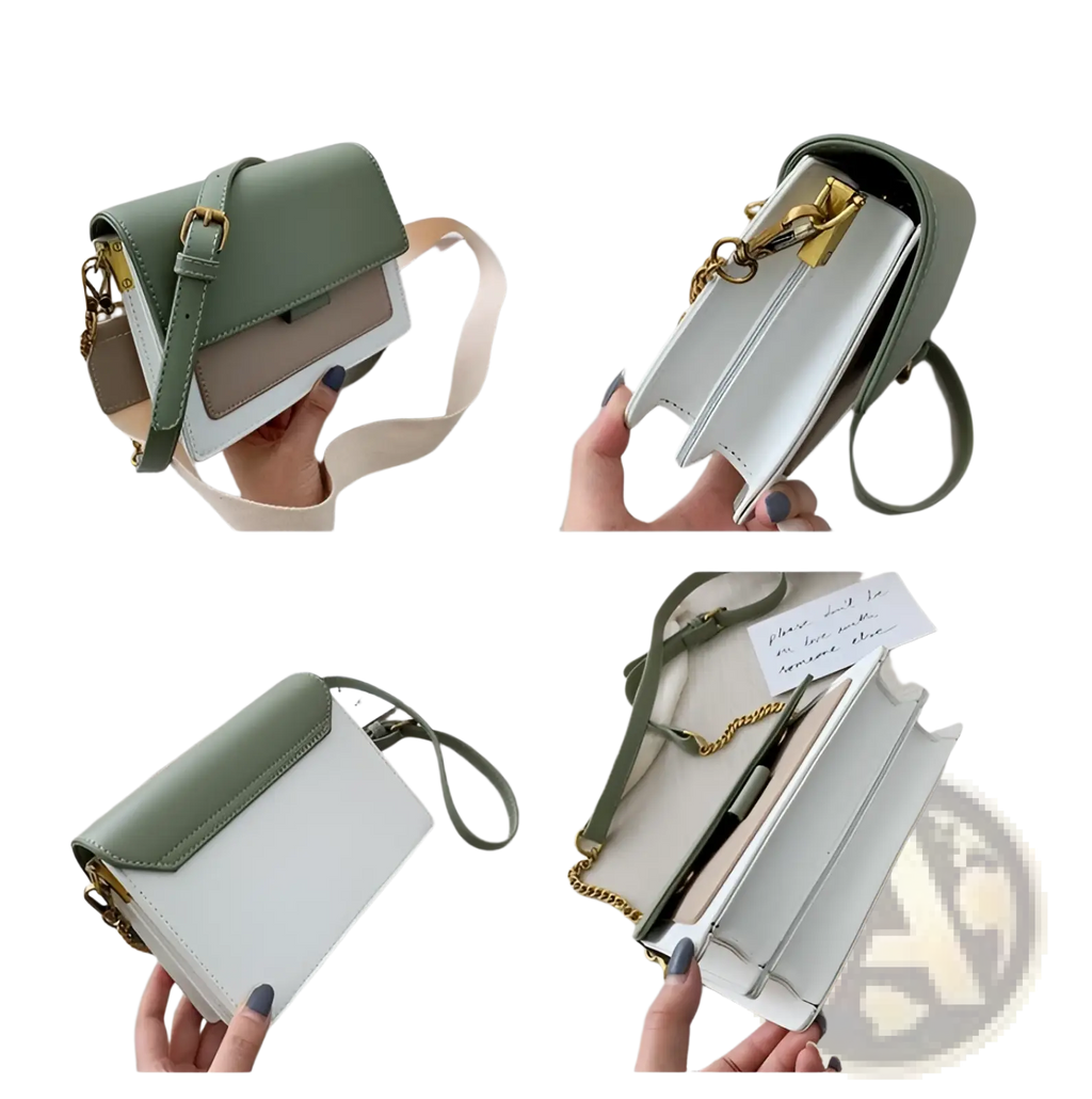 A stylish two-tone square crossbody bag in sage green and white faux leather with gold chain strap and hardware