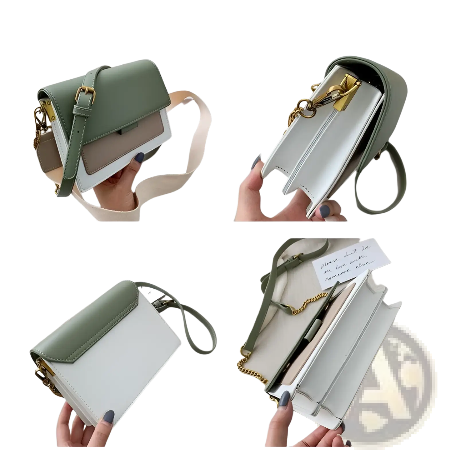 A stylish two-tone square crossbody bag in sage green and white faux leather with gold chain strap and hardware