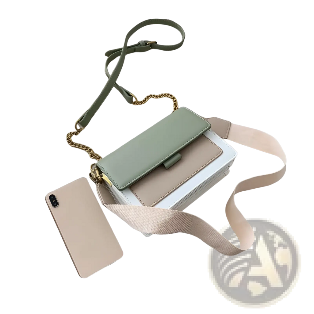 A stylish olive green and beige two-tone square crossbody bag with layered faux leather panels and gold chain strap