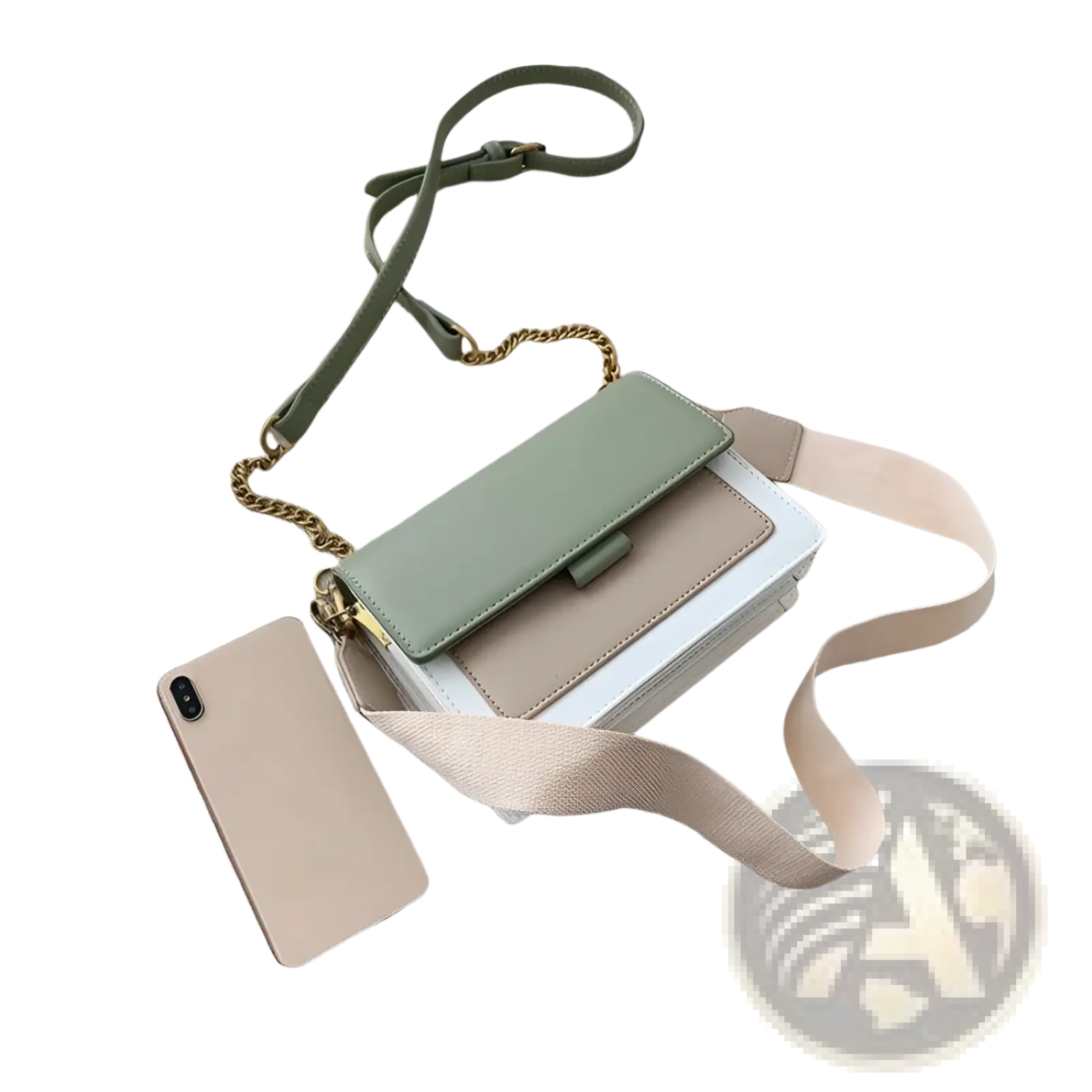 A stylish olive green and beige two-tone square crossbody bag with layered faux leather panels and gold chain strap