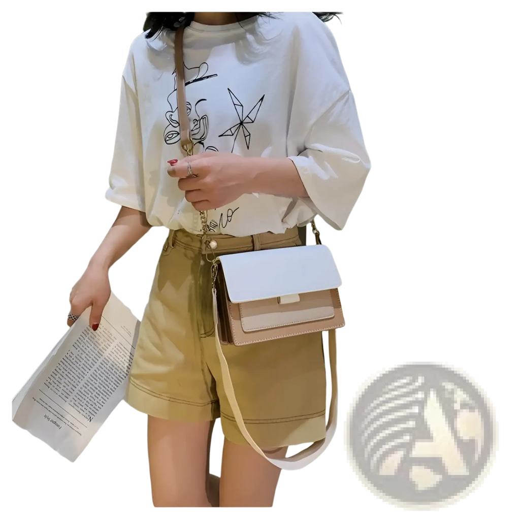 Square crossbody bag in two-tone white and beige faux leather with gold chain hardware and adjustable strap