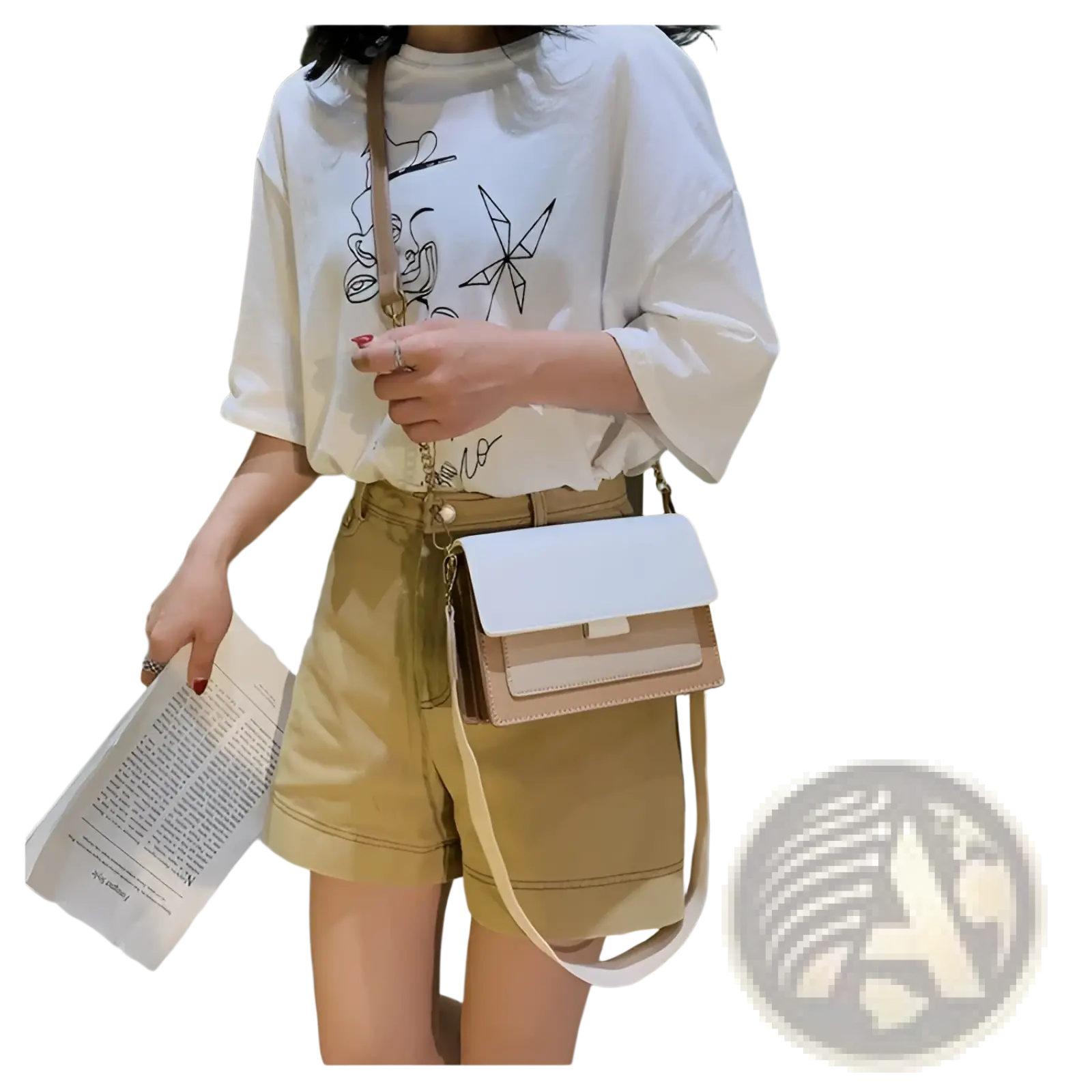 Square crossbody bag in two-tone white and beige faux leather with gold chain hardware and adjustable strap