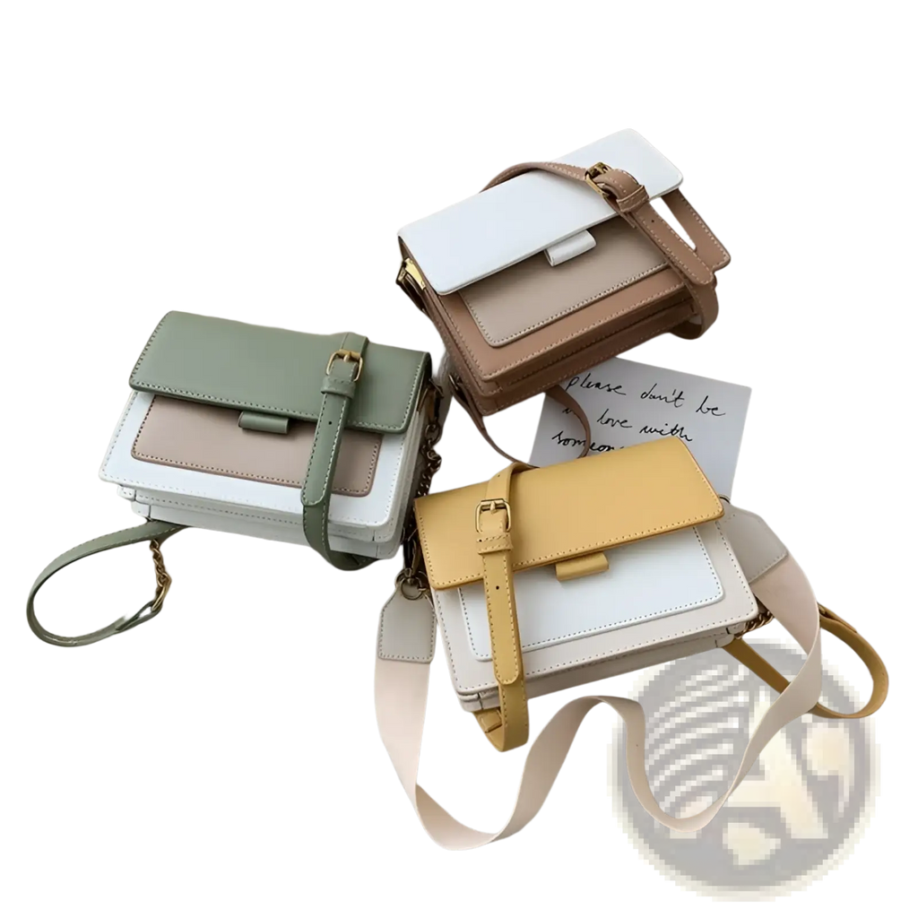 Three pastel-colored square crossbody bags with two-tone faux leather layered panels and gold chain straps in soft green beige and yellow