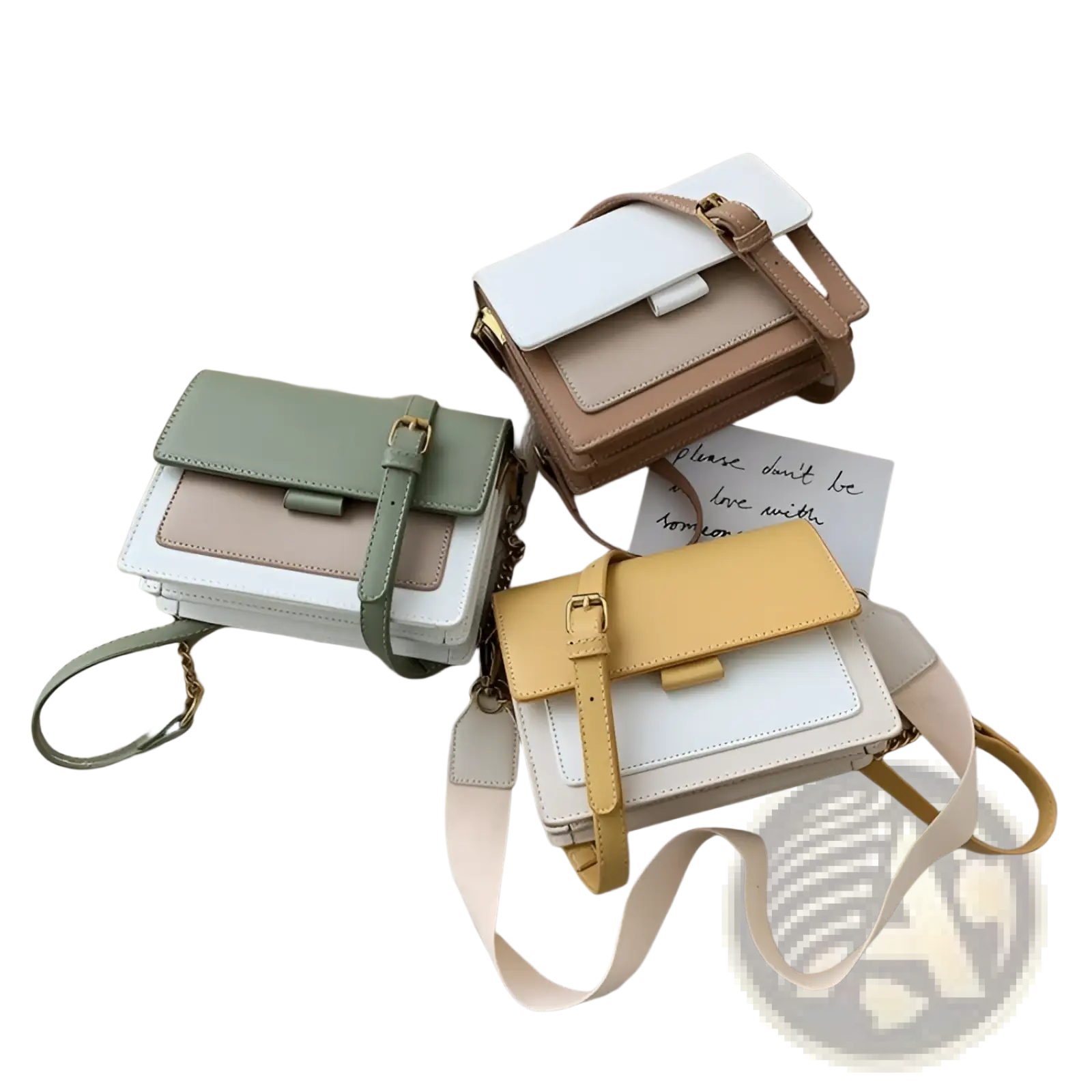 Three pastel-colored square crossbody bags with two-tone faux leather layered panels and gold chain straps in soft green beige and yellow