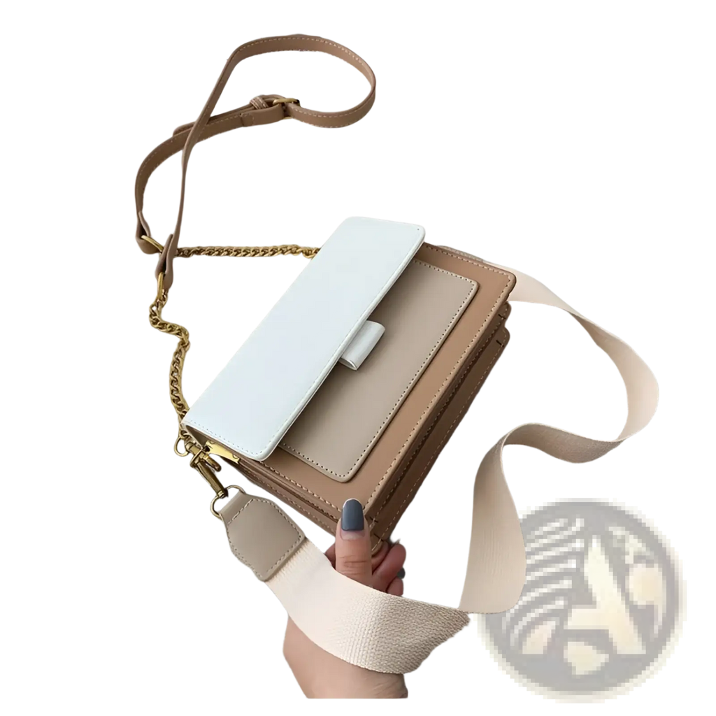 Beige and white two-tone faux leather square crossbody bag with gold chain strap for stylish everyday use