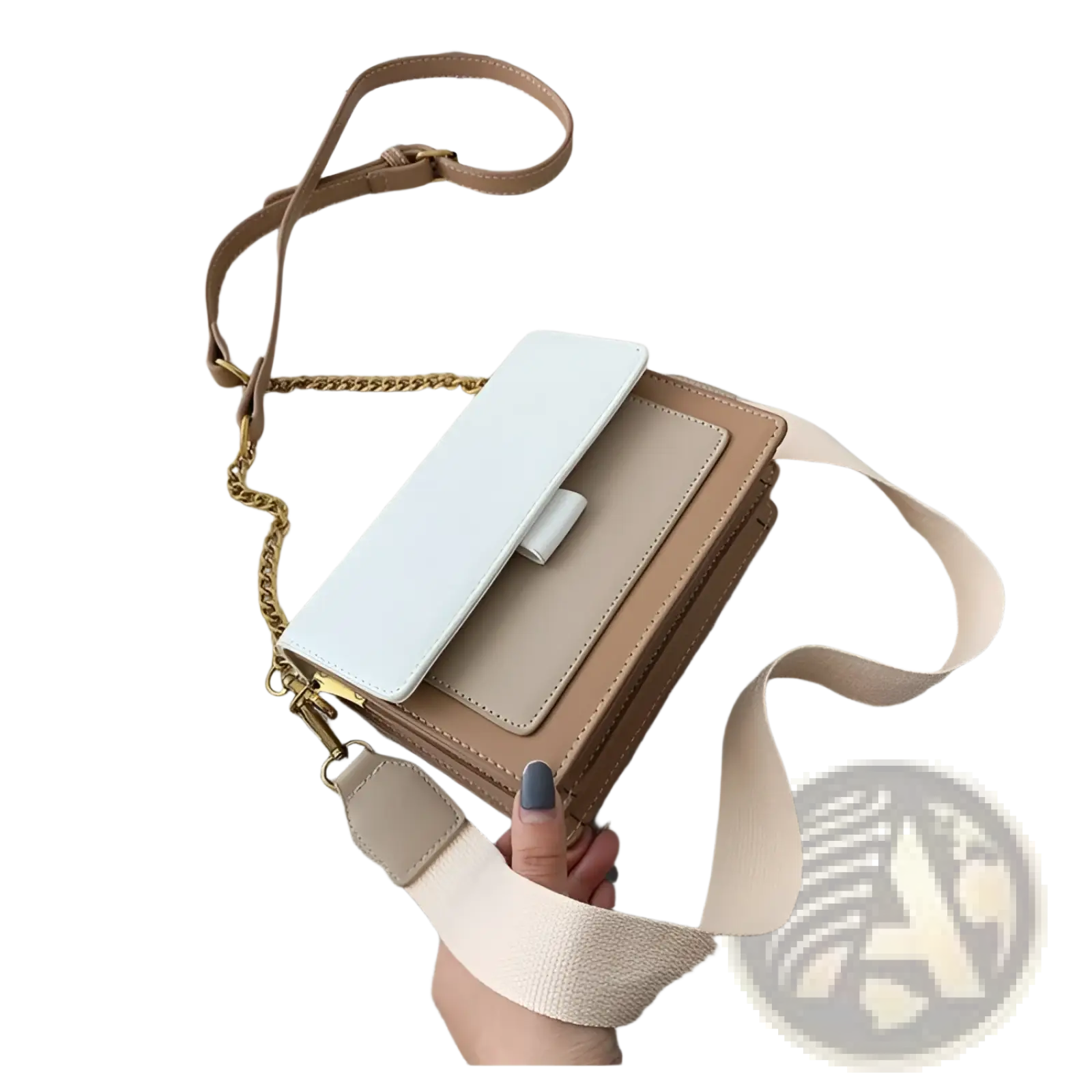 Beige and white two-tone faux leather square crossbody bag with gold chain strap for stylish everyday use