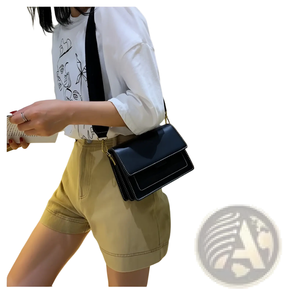 Black leather square crossbody bag with white stitching and gold-tone chain strap in two-tone faux leather design