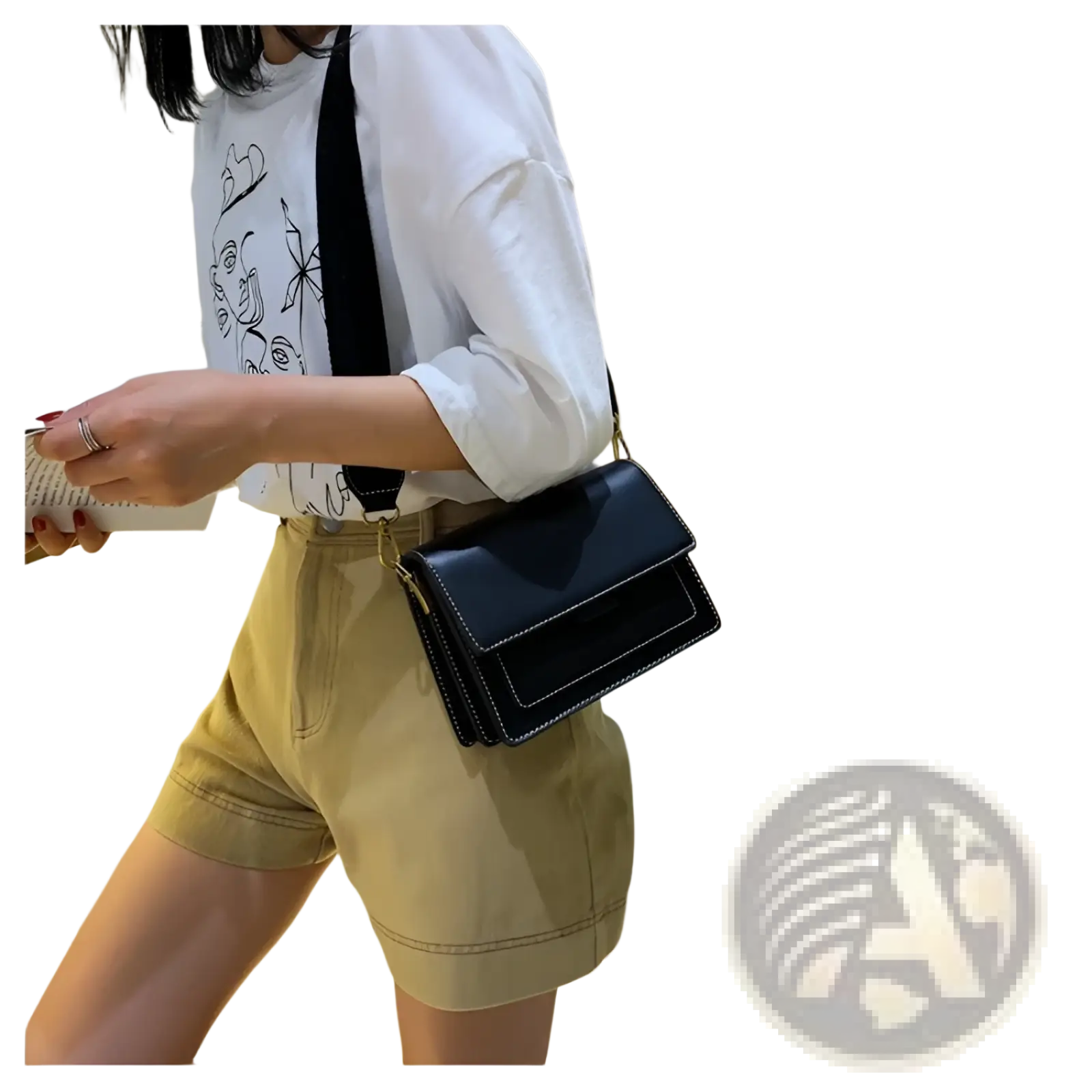 Black leather square crossbody bag with white stitching and gold-tone chain strap in two-tone faux leather design