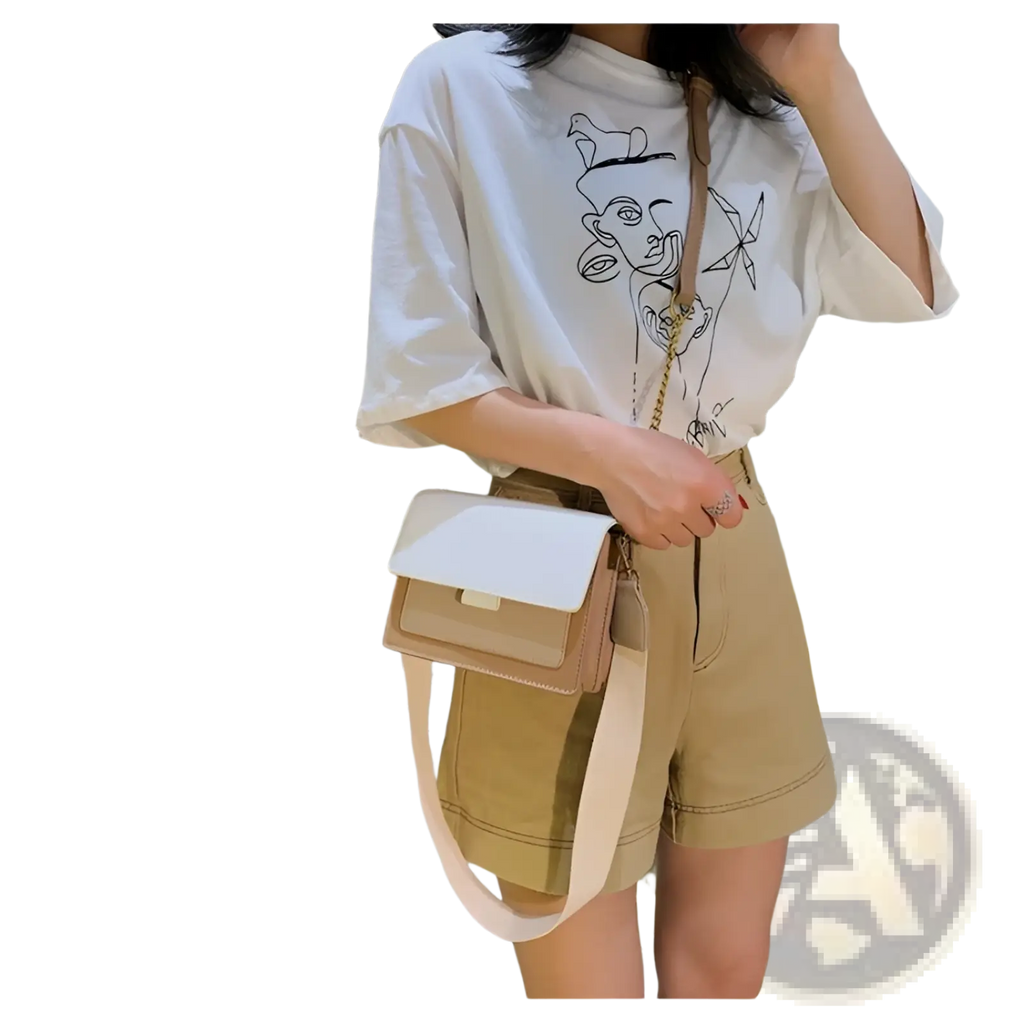 Beige and white two-tone faux leather square crossbody bag with flap closure, adjustable strap, and gold chain detail