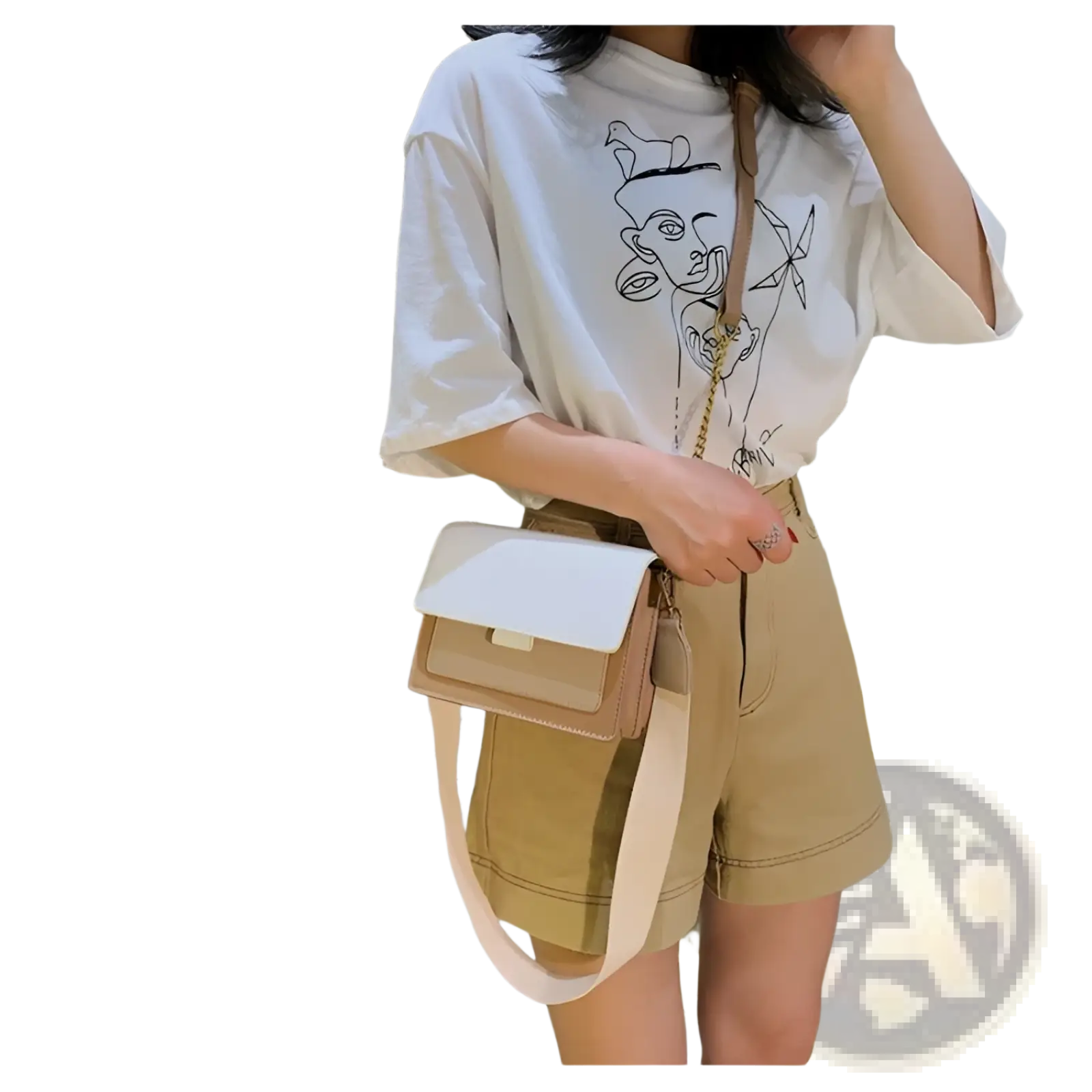 Beige and white two-tone faux leather square crossbody bag with flap closure, adjustable strap, and gold chain detail