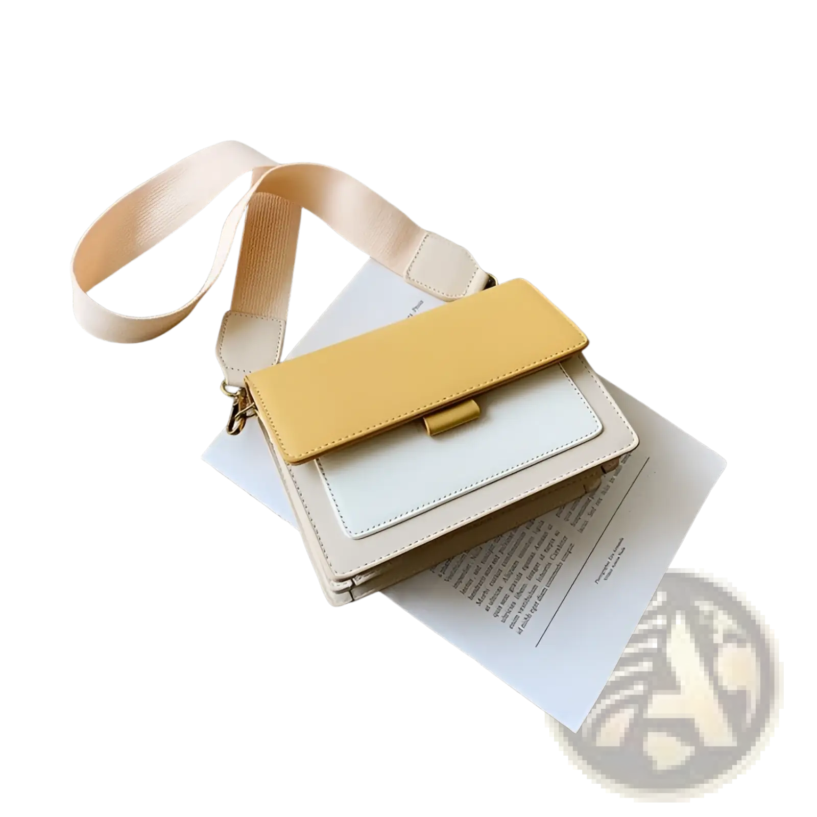 A stylish square crossbody bag in two-tone cream and mustard yellow faux leather with gold chain hardware