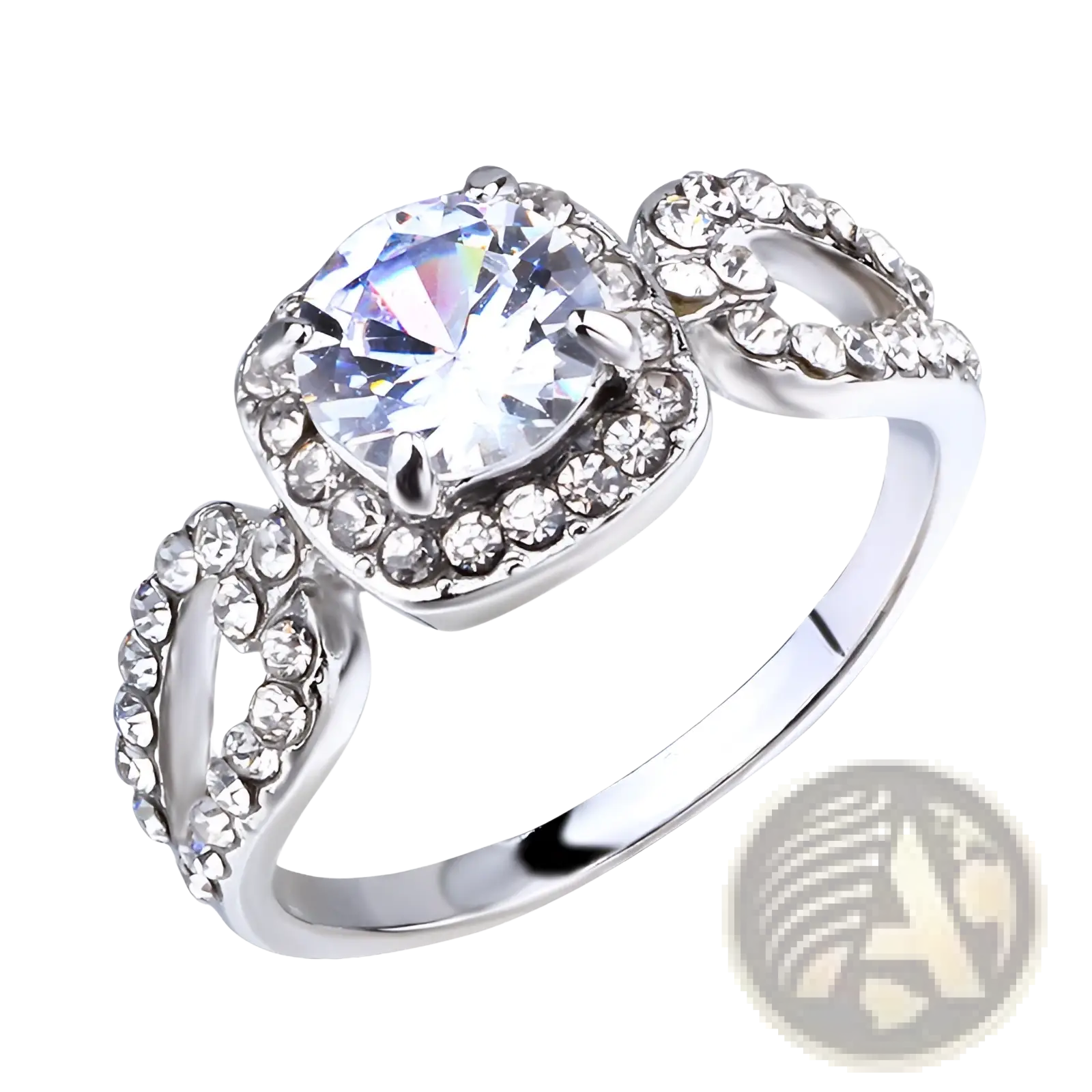 A silver square cut diamond halo engagement ring with a large clear gemstone and ornate band design