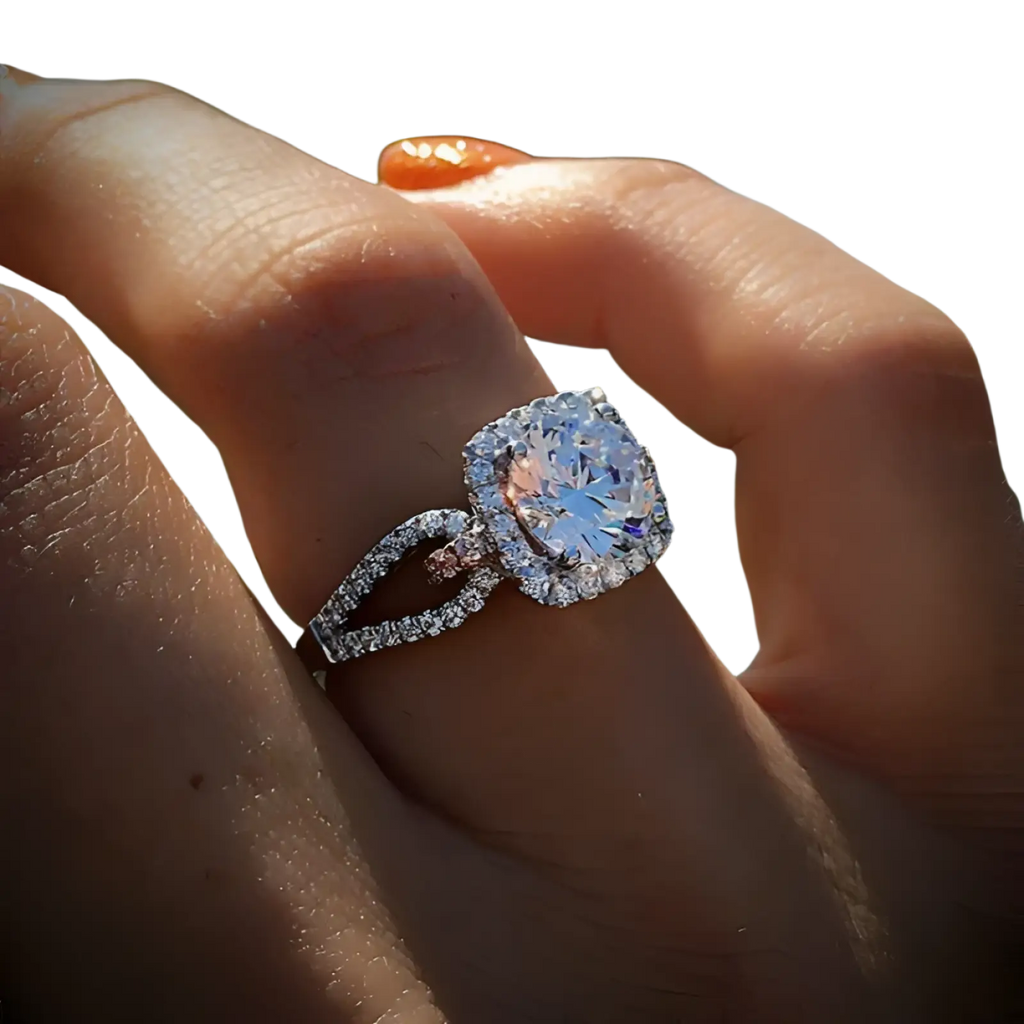 A sparkling square cut diamond halo engagement ring set in a sleek silver band for elegant occasions