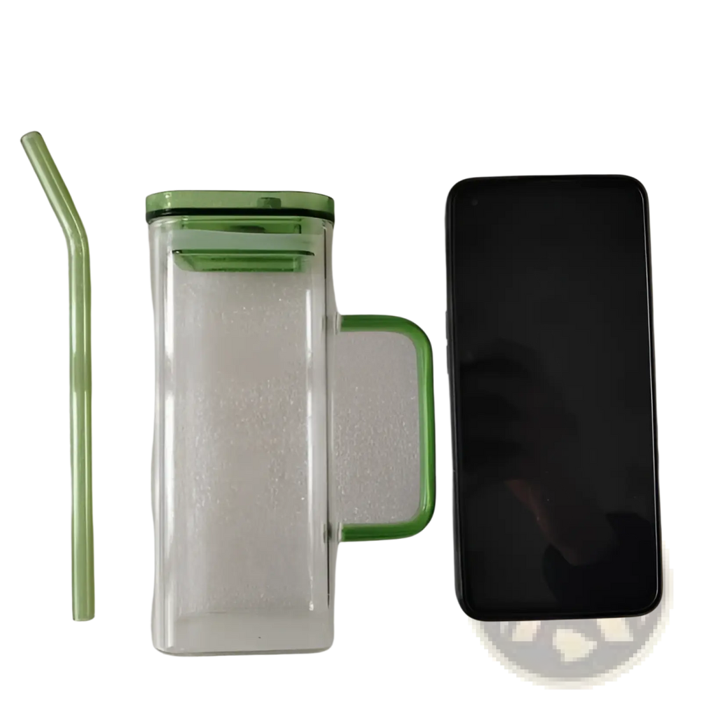 Clear double-walled square glass cup with green lid handle and matching straw 12oz for durable drinkware use