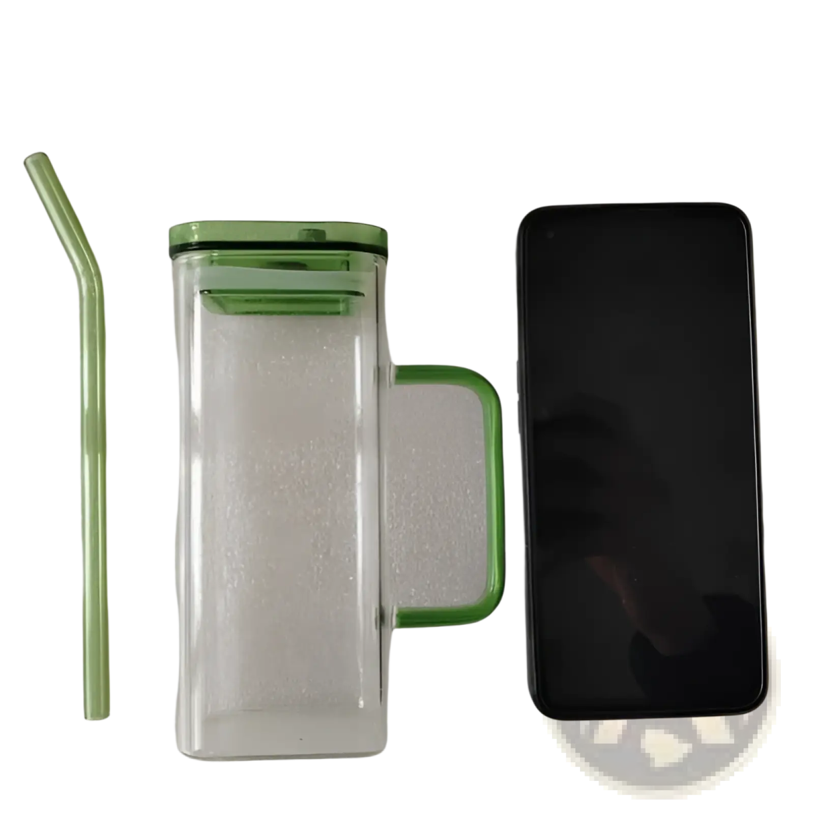 Clear double-walled square glass cup with green lid handle and matching straw 12oz for durable drinkware use