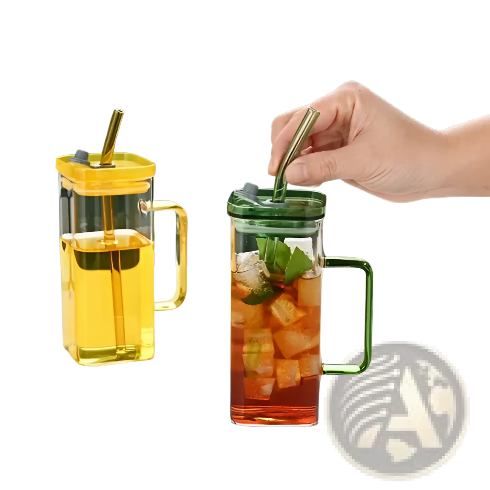 Clear glass square cup with green handle and lid filled with iced tea and mint leaves 12oz capacity