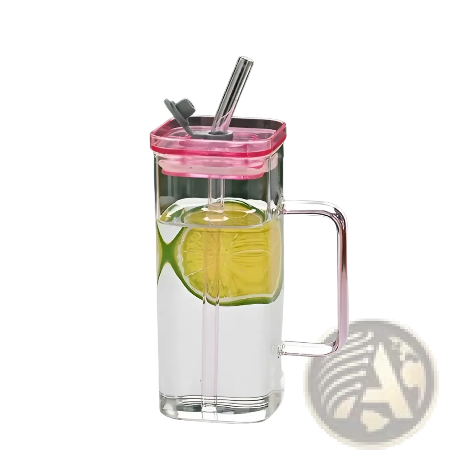 Square glass cup with lid and straw 12oz clear glass mug with pink lid handle integrated straw and lime slice inside