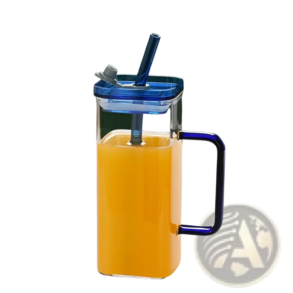 Clear glass pitcher with blue lid handle and straw filled with orange juice square glass cup with lid and straw 12oz