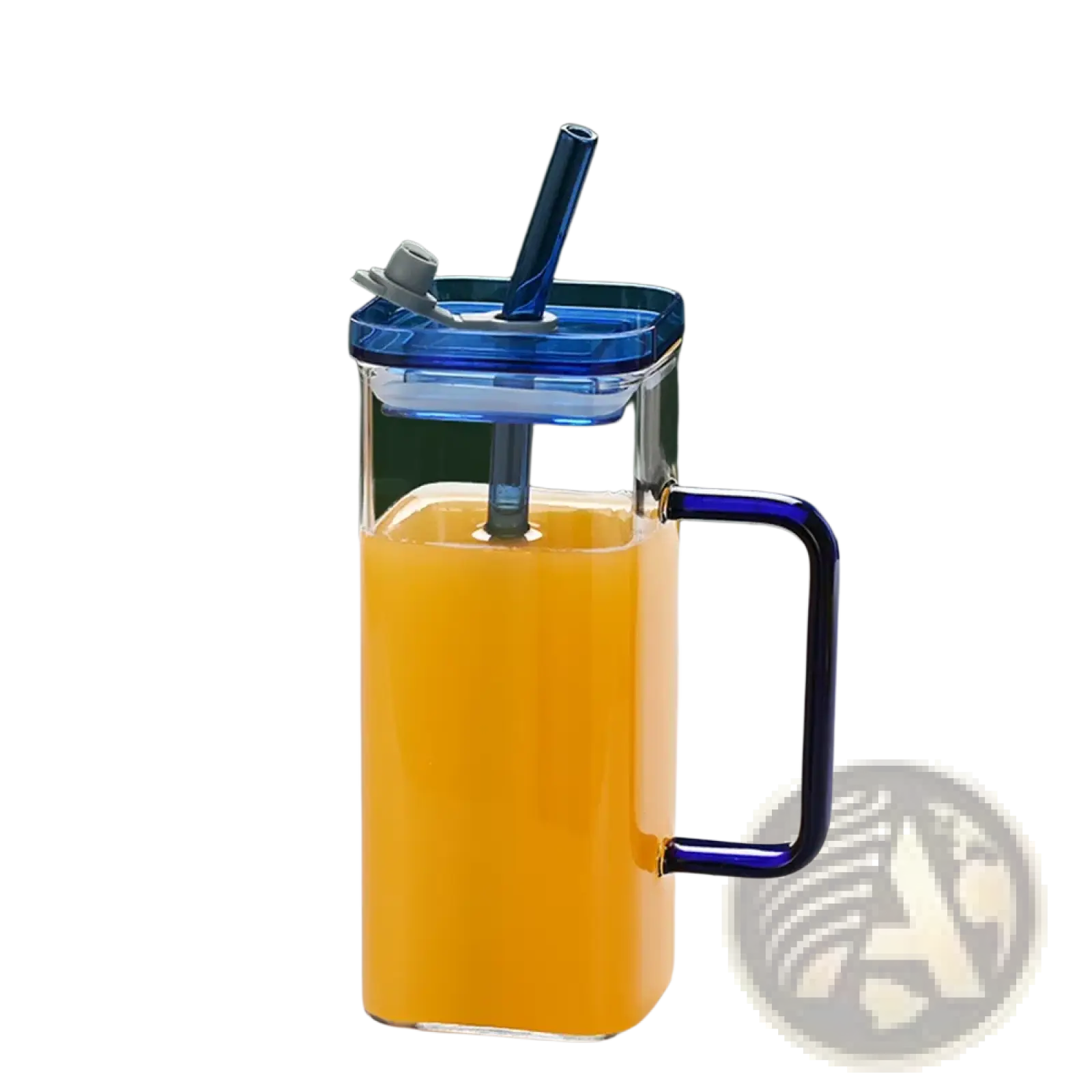 Clear glass pitcher with blue lid handle and straw filled with orange juice square glass cup with lid and straw 12oz