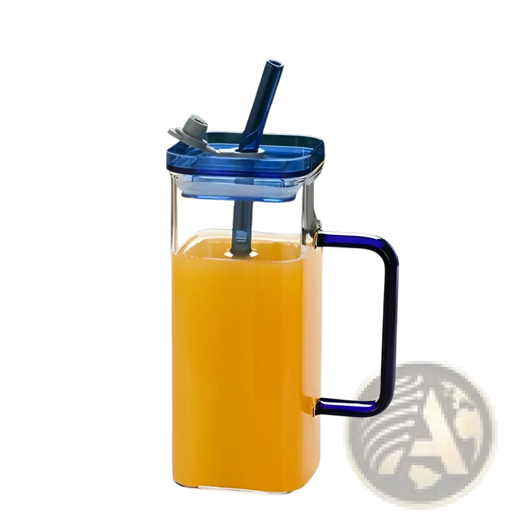 Clear glass pitcher with blue lid handle and straw square glass cup with lid and straw 12oz