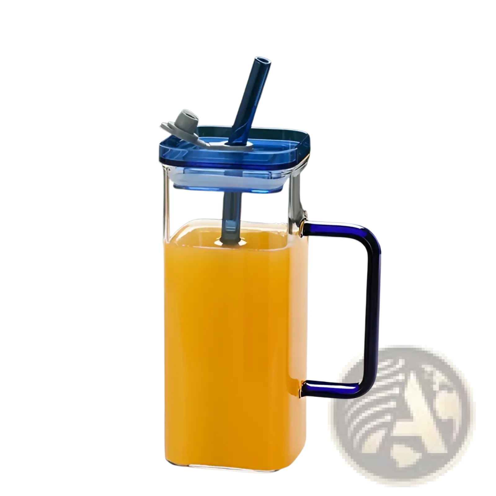 Clear glass pitcher with blue lid handle and straw square glass cup with lid and straw 12oz