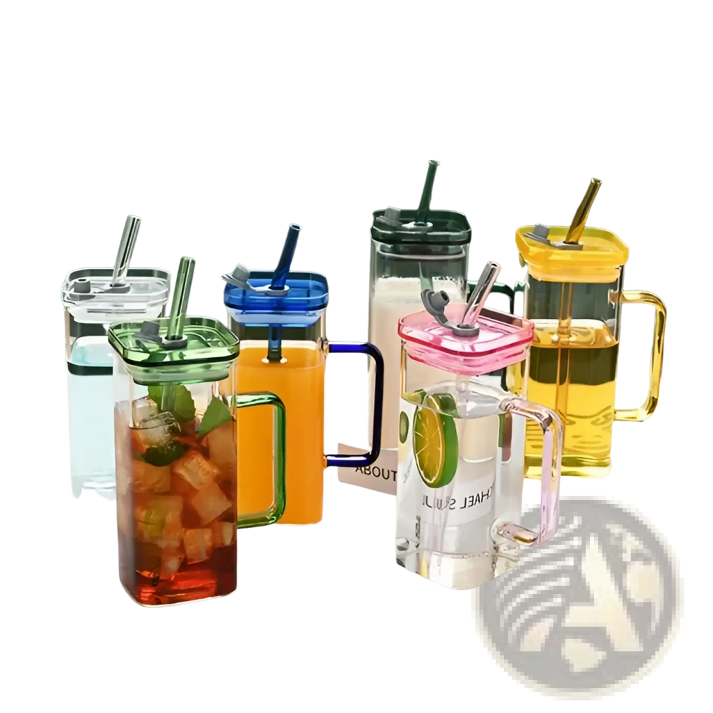 Square glass cup with lid and straw 12oz featuring colorful glass mugs with handles in clear green blue pink black and yellow
