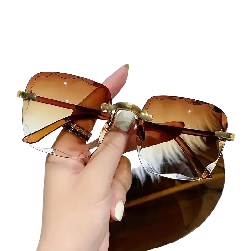 Square gradient sunglasses for women brown lenses with gold-tone metal frames and decorative embellishments