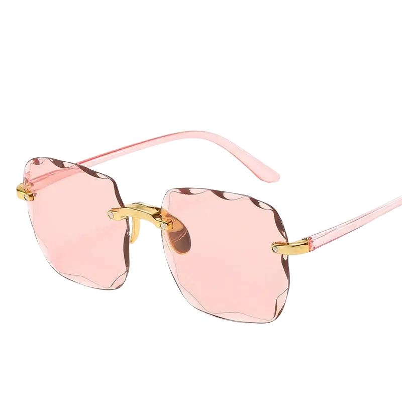 Square gradient sunglasses for women featuring pink tinted rectangular lenses with gold-tone metal frames and temples