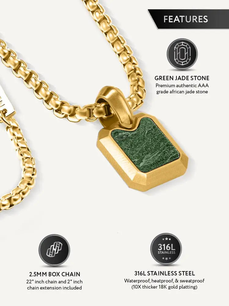 18k gold plated square jade pendant necklace with green jade inset and 316l stainless steel construction
