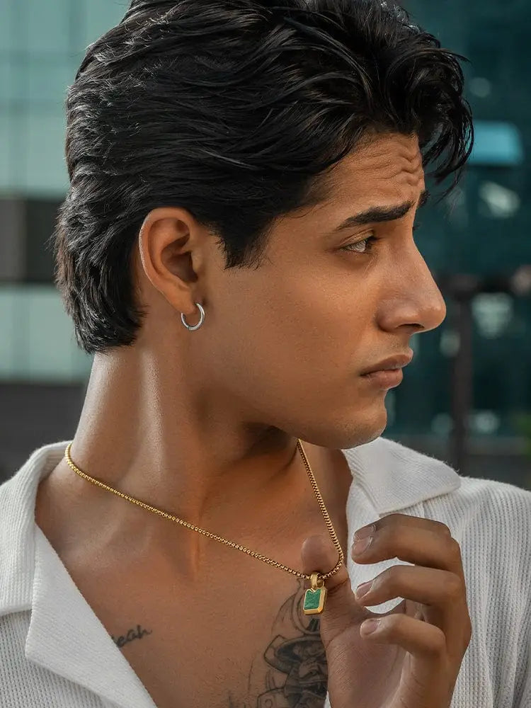 18k gold plated stainless steel necklace with a rectangular green square jade pendant