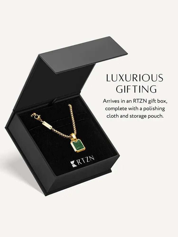 18k gold plated stainless steel necklace with rectangular green jade pendant in rtzn gift box