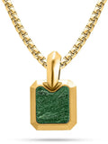 18k gold plated stainless steel necklace with gold-toned rectangular pendant featuring textured green jade stone inset